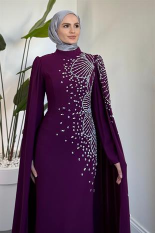 Carla Yandan Taşlı Abiye Mor