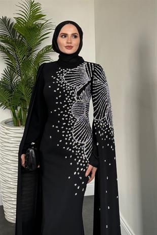 Carla Yandan Taşlı Abiye Siyah