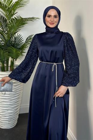 Carlotta Balon Kol Saten Abiye Lacivert