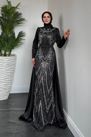 Carmelita Pelerinli Saten Abiye Siyah