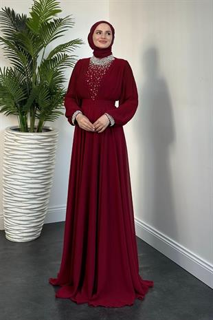 Carmen Önü İnci İşleme Abiye Bordo