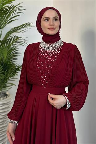 Carmen Önü İnci İşleme Abiye Bordo