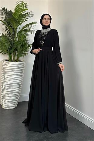 Carmen Önü İnci İşleme Abiye Siyah