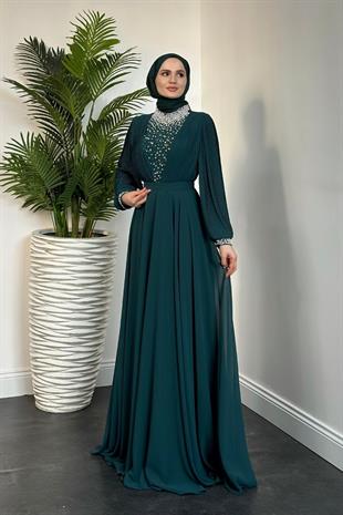 Carmen Önü İnci İşleme Abiye Zümrüt