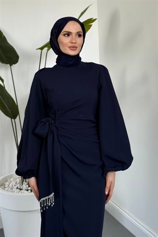 Carmielle Kemeri ve Alt Kısmı Taşlı Abiye Lacivert