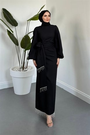 Carmielle Kemeri ve Alt Kısmı Taşlı Abiye Siyah