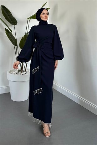 Carmielle Kemeri ve Alt Kısmı Taşlı Abiye Lacivert