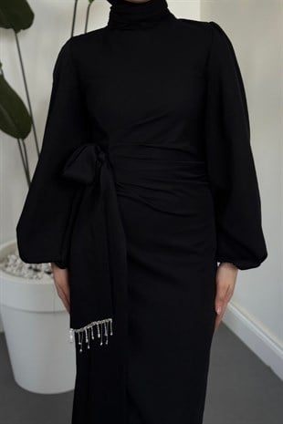 Carmielle Kemeri ve Alt Kısmı Taşlı Abiye Siyah