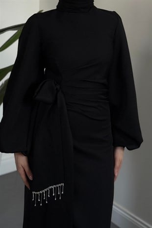 Carmielle Kemeri ve Alt Kısmı Taşlı Abiye Siyah
