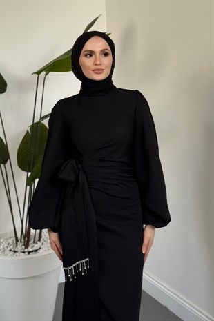 Carmielle Kemeri ve Alt Kısmı Taşlı Abiye Siyah