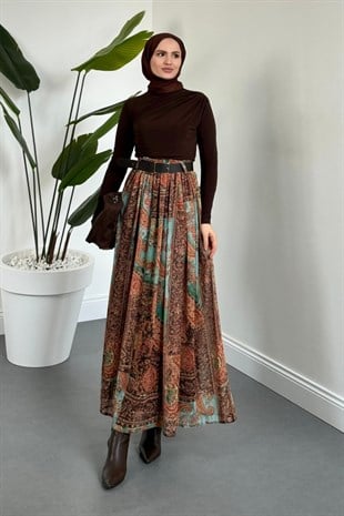 Caroline Etnik Desen Etek Camel