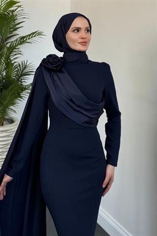 Castilya Pelerinli Omzu Gül Abiye Navy Blue