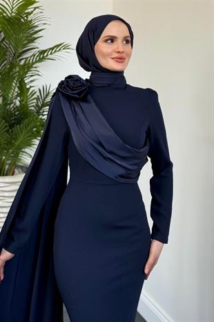Castilya Pelerinli Omzu Gül Abiye Navy Blue