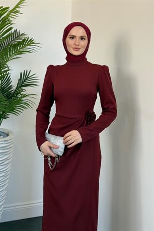 Catalina Yanı Güllü Elbise Bordo