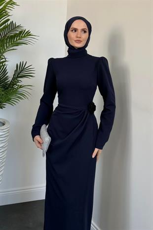 Catalina Yanı Güllü Elbise Lacivert