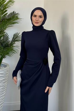Catalina Yanı Güllü Elbise Lacivert