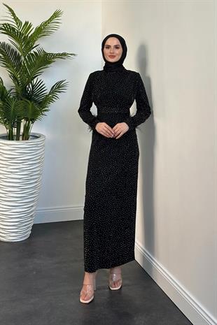 Celestina Simli Kruvaze Taş Detaylı Abiye Siyah