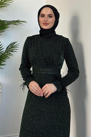 Celestina Simli Kruvaze Taş Detaylı Abiye Zümrüt