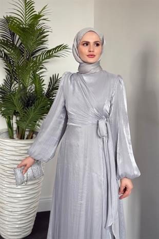 Celia Yandan Bağlamalı Janjan Abiye Gri