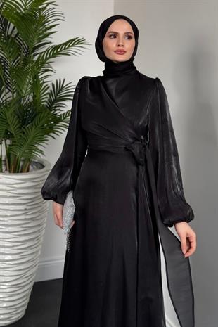 Celia Yandan Bağlamalı Janjan Abiye Siyah