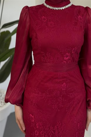 Celoriaa Dantel Kumaş Taşlı Abiye Bordo