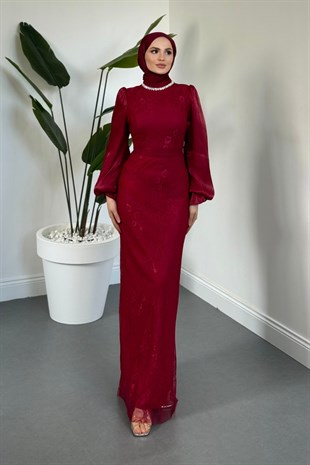 Celoriaa Dantel Kumaş Taşlı Abiye Bordo