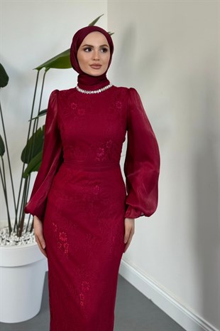 Celoriaa Dantel Kumaş Taşlı Abiye Bordo