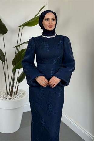 Celoriaa Dantel Kumaş Taşlı Abiye Lacivert