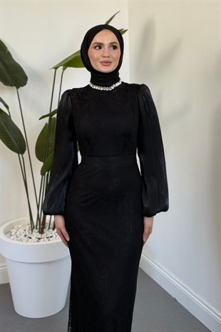 Celoriaa Dantel Kumaş Taşlı Abiye Siyah