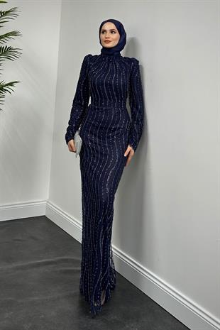 Celosia Boncuk İşlemeli Balık Abiye Lacivert