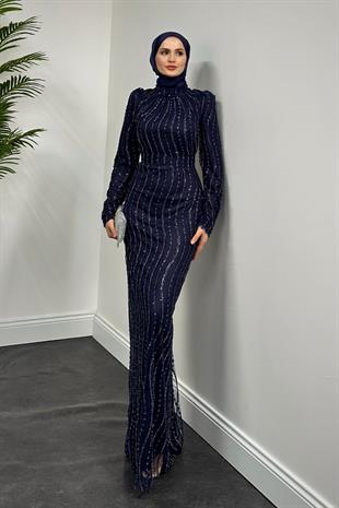 Celosia Boncuk İşlemeli Balık Abiye Lacivert
