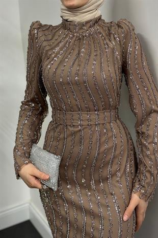 Celosia Boncuk İşlemeli Balık Abiye Vizon