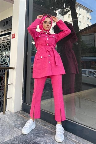 Cepli Düğmeli Pantolonlu Takım Pembe