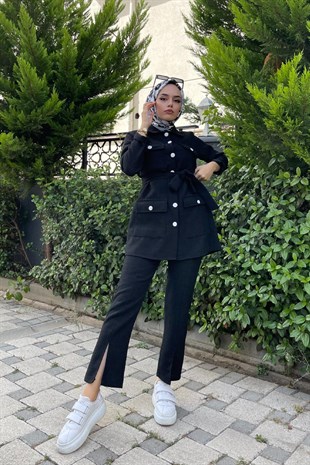 Cepli Düğmeli Pantolonlu Takım Siyah