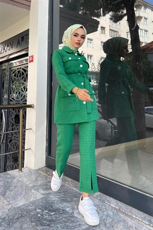 Cepli Düğmeli Pantolonlu Takım Yeşil