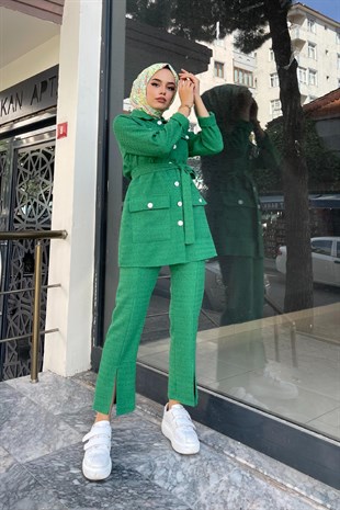 Cepli Düğmeli Pantolonlu Takım Yeşil