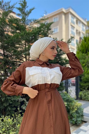 Cepli İki Renkli Elbise Kahverengi