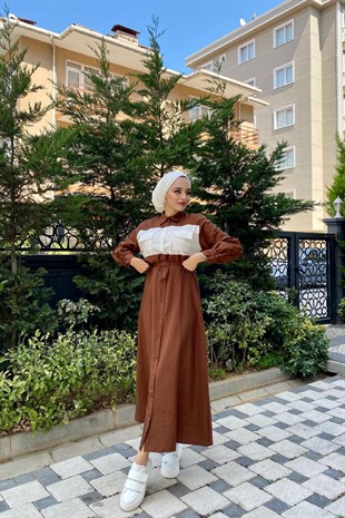 Cepli İki Renkli Elbise Kahverengi