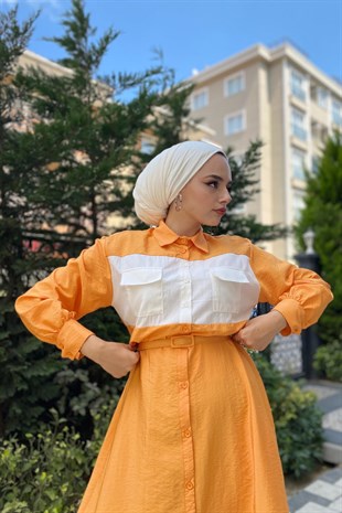 Cepli İki Renkli Elbise Turuncu