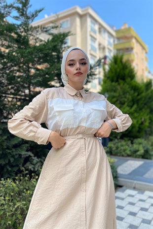 Cepli İki Renkli Elbise Vizon