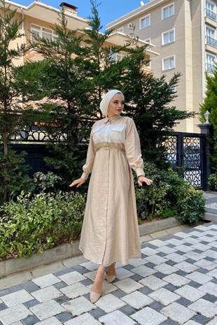 Cepli İki Renkli Elbise Vizon