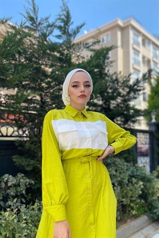 Cepli İki Renkli Elbise Yağ Yeşili