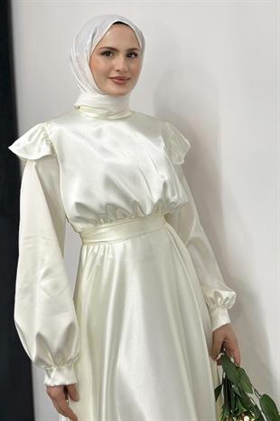 Cera Omzu Fırfır Saten Abiye Beyaz