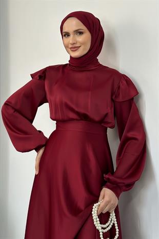 Cera Omzu Fırfır Saten Abiye Bordo