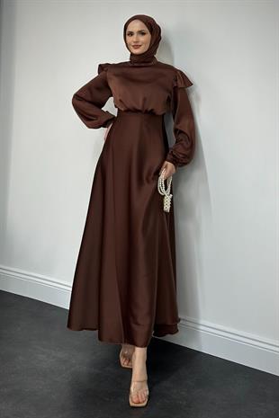 Cera Omzu Fırfır Saten Abiye Koyu Kahve