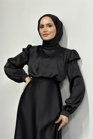 Cera Omzu Fırfır Saten Abiye Siyah