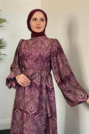 Lilsa Şal Desen Saten Abiye Mürdüm
