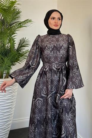 Lilsa Şal Desen Saten Abiye Siyah