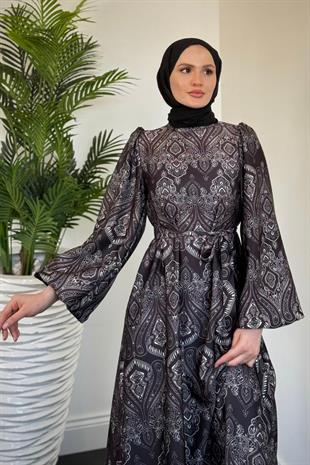 Lilsa Şal Desen Saten Abiye Siyah