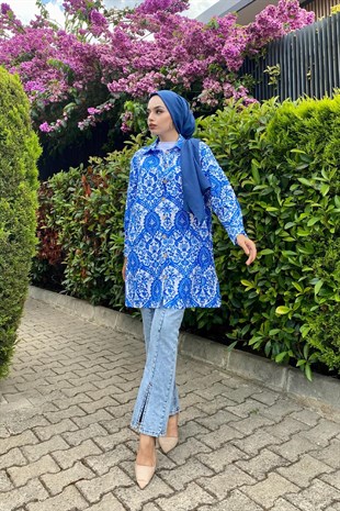 Çiçek Desenli Düğmeli Tunik Mavi